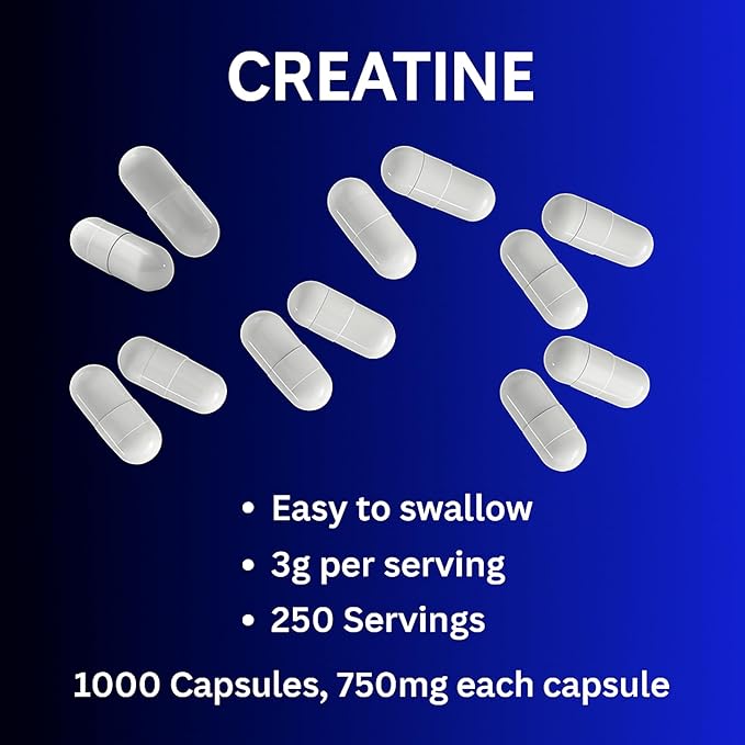 Micronized Creatine Monohydrate 1000 Capsules 250 Servings 750mg of Creatine Monohydrate Per Capsule 3000mg Per Serving