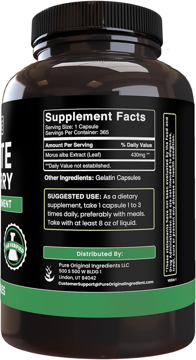 Pure Original Ingredients White Mulberry (365 Capsules) No Magnesium Or Rice Fillers Always Pure Lab Verified