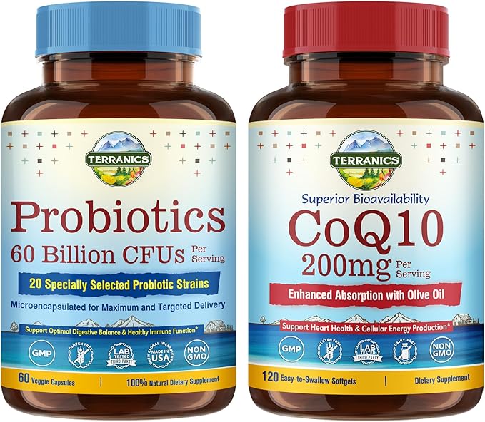Terranics Probiotics &amp CoQ10 Bundle Heart &amp Digestion Health 60 Billion Probiotics Bioactive Coenzyme Q10 200mg Extra Virgin Olive Oil Bundle &amp Save