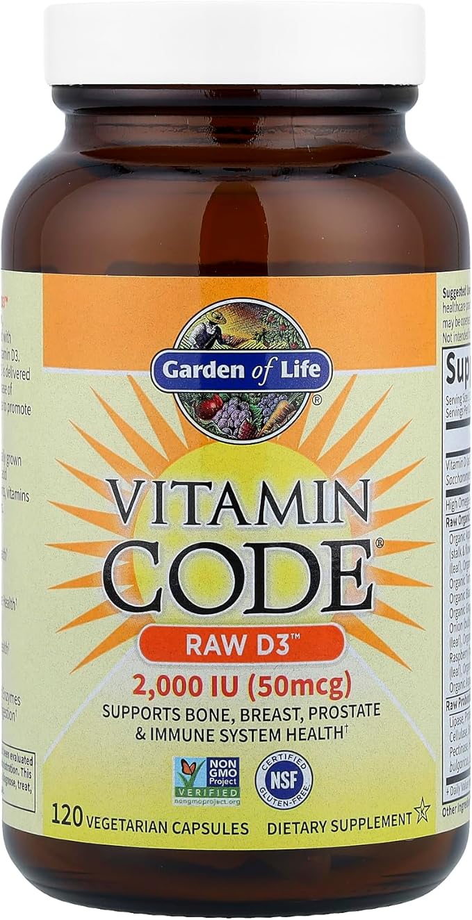 Garden of Life Vitamin D Vitamin Code Raw D3 Vitamin D 2000 IU Raw Whole Food D3 Supplements with Chlorella Fruit Veggies &amp Probiotics for Bone &amp Immune Health 120 Vegetarian Capsules