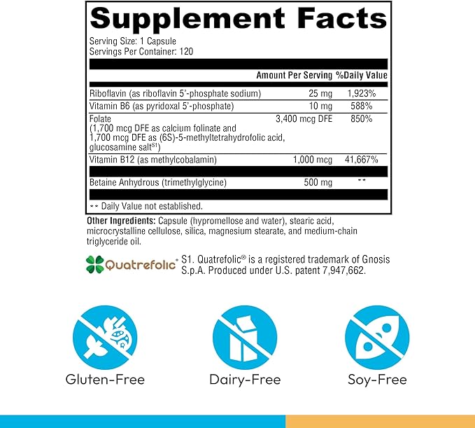 XYMOGEN Methyl Protect - 3400 mcg 5-MTHF (5-Methyltetrahydrofolate) - Cardiovascular &amp Neurological Support - Activated Vitamin B Supplement - Vegetarian &amp gluten-free - 120 Capsules