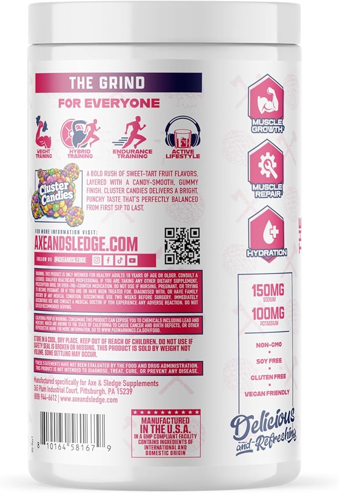 Axe &amp Sledge The Grind Essential Amino Acids | EAA &amp BCAA Powder | Muscle Recovery &amp Electrolytes for Hydration | Stimulant-Free Vegan | 30 Servings Cluster Candies