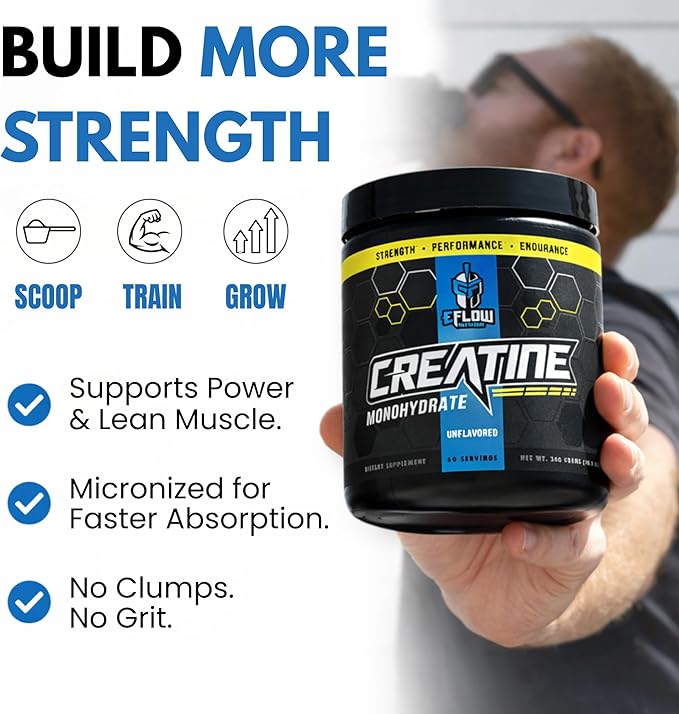 eFlow Nutrition Micronized Creatine Monohydrate Powder Unflavored No Bloat Creatine for Men &amp Women - Muscle Strength Performance &amp Recovery - 60 Servings 5g Per Serving
