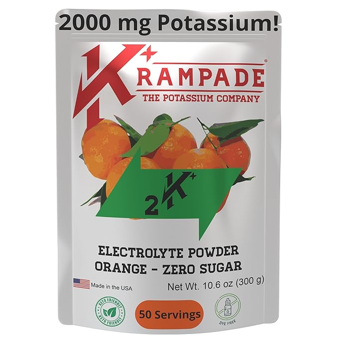 Krampade High Potassium Electrolytes Powder Zero Sugar Orange 4180mg Electrolytes 2000mg Potassium Cramp Relief &amp Prevention Cellular Hydration Better Endurance &amp Recovery Keto 50 Servi
