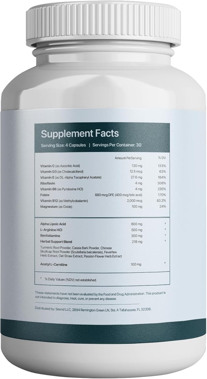 Nerve Support Supplement | Support Healthy Sensation | Alpha Lipoic Acid 600 mg Methylcobalamin &amp L-Carnitine | 18 Nutrients | 120 Capsules (30 Day Supply)