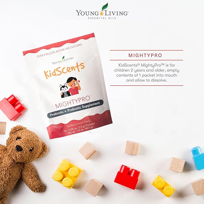 Young Living KidScents MightyPro Prebiotic &amp Probiotic Blend with 8 Billion Live Cultures Supports Digestive &amp Immune Health in Children Convenient Single-Dose Packets for Healthy Gut and