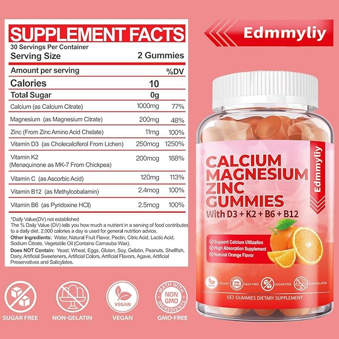 Sugar Free Calcium Magnesium Zinc Supplement Gummies with Vitamin D3 &amp B12 for Women and Men High Absorption Calcium Magnesium Supplement for Immune Support (120 Counts)