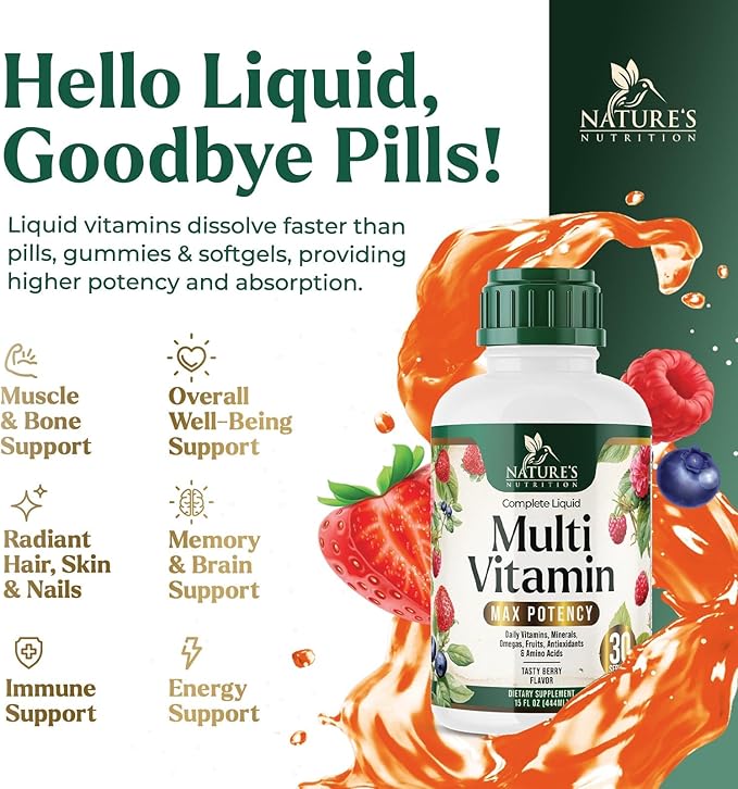 Liquid Multivitamin - Sugar Free Daily Multi Vitamin for Women Men &amp Kids Vitamins A C D B-12 Biotin &amp Zinc - Supports Faster Hair Growth &amp Skin Wrinkles Vegan Non-GMO Berry Flavo