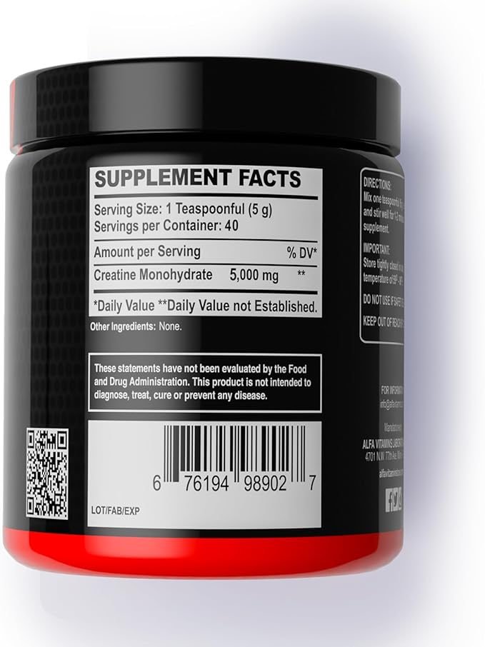 Alfa Sports Creatine Powder Formula – Unflavored Pure Creatine Supplement for Active Lifestyles 200g Jar