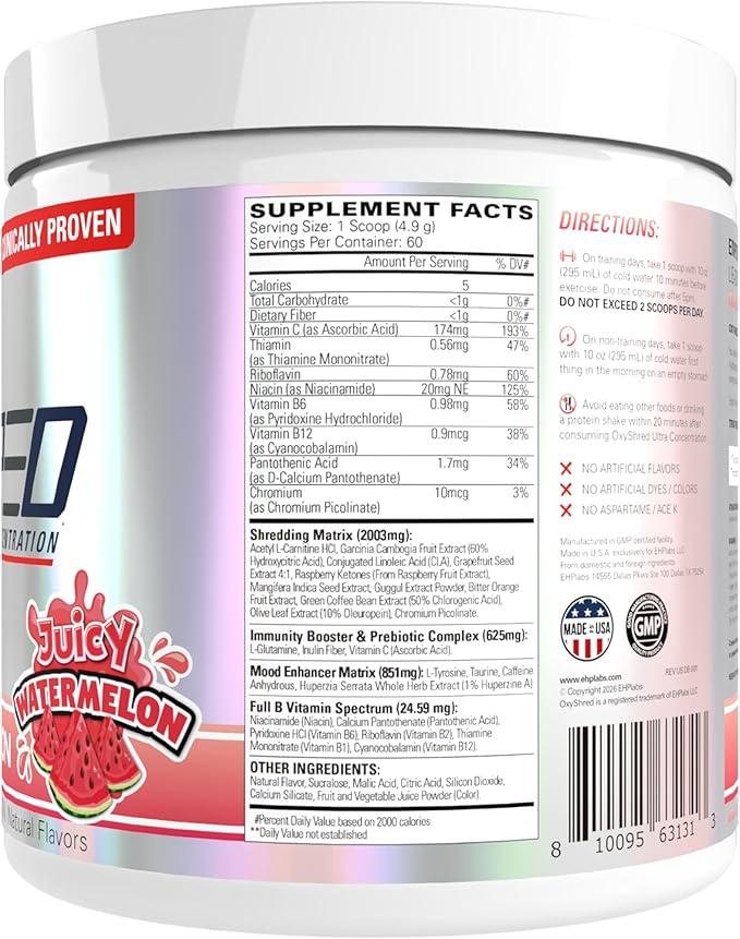 EHP Labs OxyShred Pre Workout Powder - Preworkout Powder with L Glutamine &amp Acetyl L Carnitine Energy Boost Drink - Juicy Watermelon 60 Servings