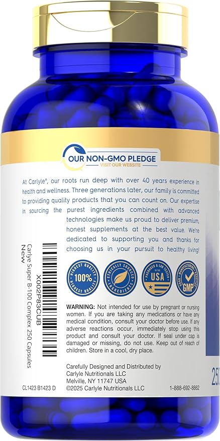 Carlyle B-100 Complex Vitamin | 250 Capsules | Non-GMO Gluten Free Supplement