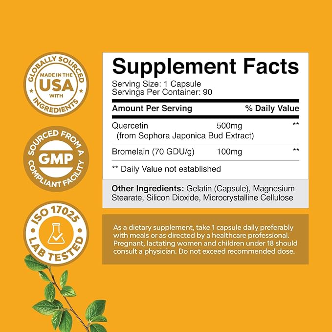 Pure Quercetin with Bromelain Supplement for Immunity - High Potent Antioxidant Bromelain Quercetin Supplement for Respiratory &amp Heart Health Breathe &amp Joint Support - Nutritional Complex - 90