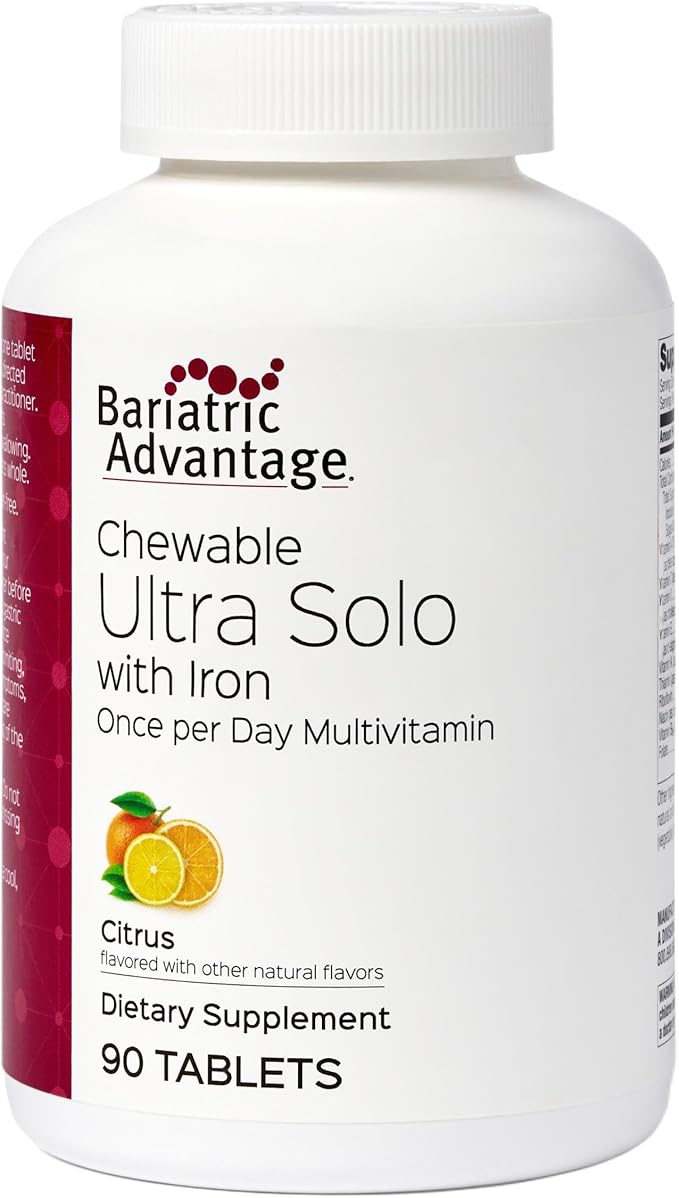 Bariatric Advantage Chewable Ultra Solo with Iron - Once-Per-Day Daily Multivitamin - for Bariatric Patients - with Thiamin Vitamin A &amp More - Gluten Free - Citrus - 90 Tablets