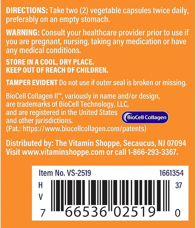 The Vitamin Shoppe Collagen Type II 1000MG - Joint Health Cartilage Support &amp Flexibility with Hyaluronic Acid (60 Vegetable Capsules)