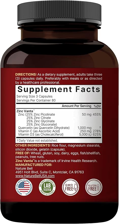 NatureBell Zinc Quercetin with Vitamin C &amp D3 480 Capsules (2 Pack) | Quercetin 1000mg + Zinc 50mg + Vitamin C 250mg + Vitamin D3 5000 IU | 4-in-1 Advanced Immune &amp Lung Support | ZincVanta