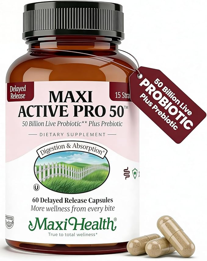 Maxi Health Probiotic Plus Ultimate Prebiotic Advanced Live Probiotics Formula - 50 Billion Live Active Probiotic - 15 Strains - Ultra Protection - Active Pro-50-60 Count