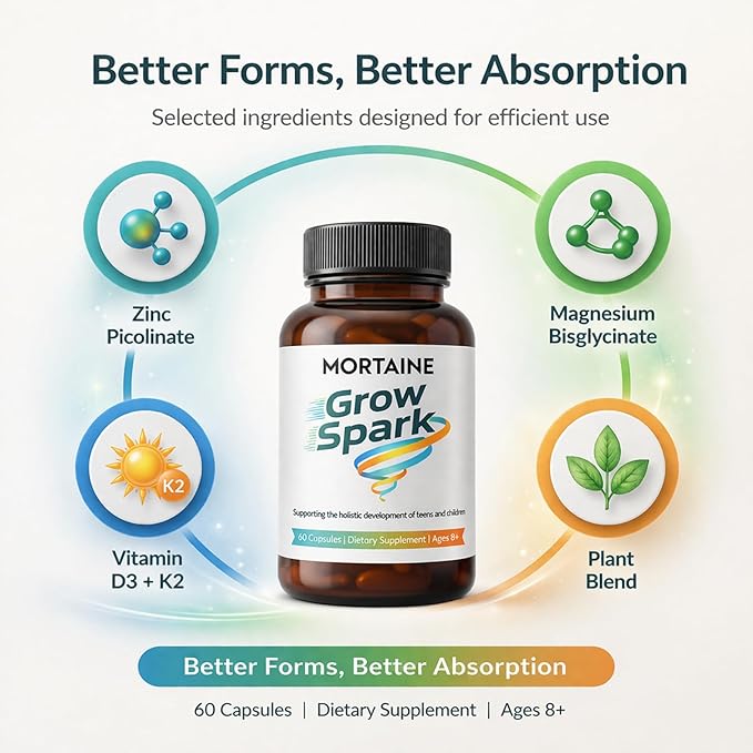 WNW Mortaine Grow Spark Kids Growth Support Supplement Bone Development &amp Nutrient Absorption Formula for Children &amp Teens 60 Capsules Ages 8+