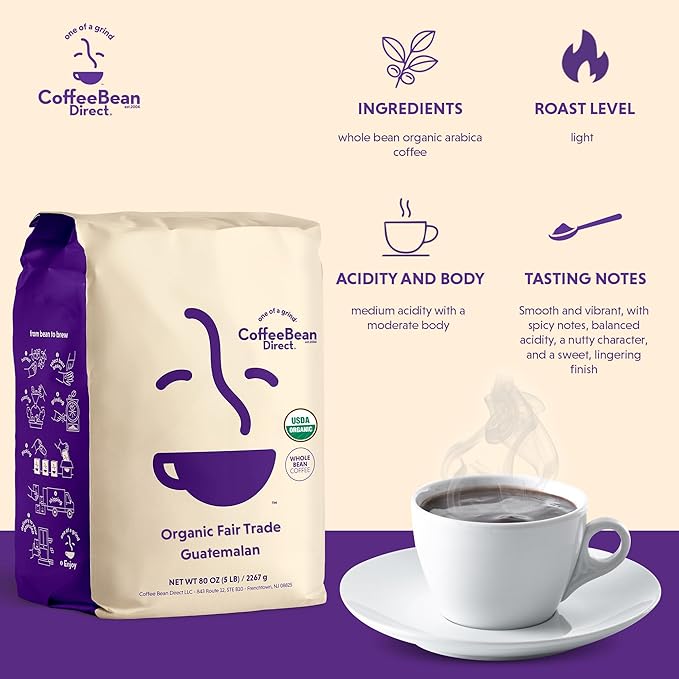 Coffee Bean Direct Organic Fair Trade Guatemalan Whole Bean Coffee Light Roast 5 Pound Bag (Pack of 1)