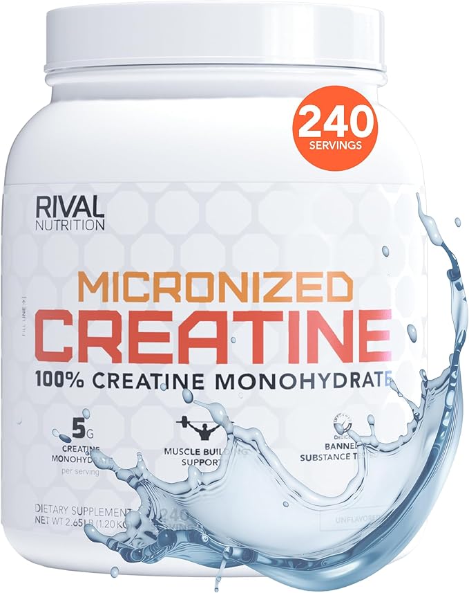 RIVAL NUTRITION Micronized Creatine I 100% Creatine Monohydrate Powder I 240 Servings I 5g Per Serving I Supports Muscle Performance Lean Mass and Cognitive Function | Unflavored I for Men &amp Wom