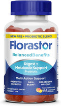 Florastor Prebiotic and Probiotic Gummies Digestive and Metabolic Support Probiotic Blend for Multi-Action Digestive Health Care with Vitamin B12 56 Gummies