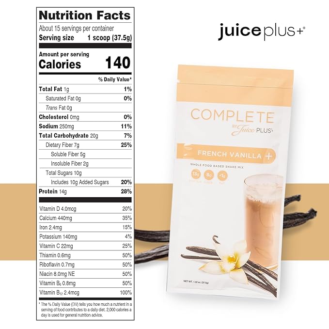 Complete by JuicePlus+ Single Serve French Vanilla Shakes - Plant-Based Nutrition - Vegan Gluten-Free Non-GMO Kosher Whole Food Based Shake Powder with Protein Fiber &amp Prebiotics - 15 Serving