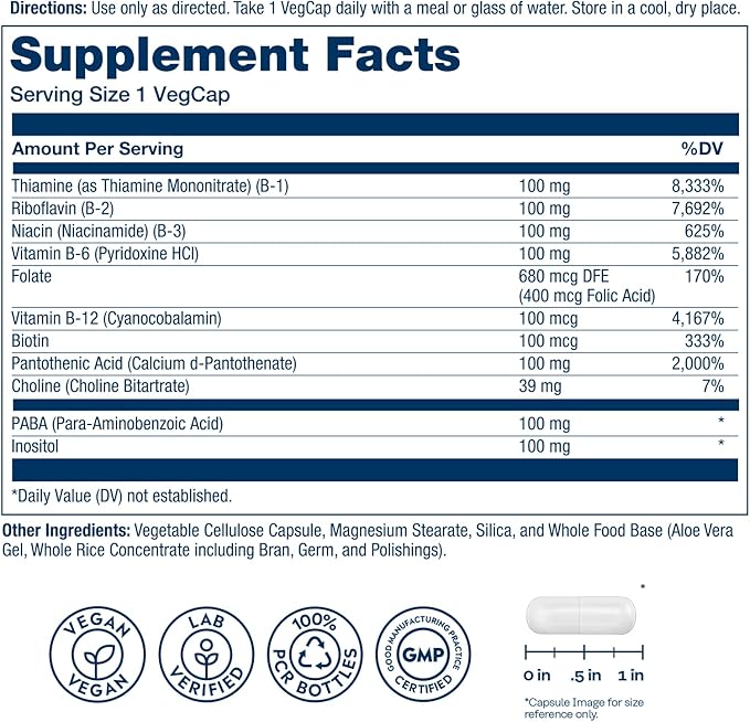 SOLARAY Vitamin B Complex 100mg - Cellular Energy Nerve and Heart Health Support - Supplies All 8 B Complex Vitamins - Vitamin B12 B1 B2 B3 B6 Niacin Folic Acid and Biotin - Vegan 275 Servings