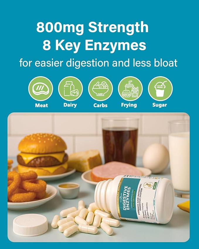 800mg Digestive Enzymes for Men and Women with Probiotics &amp Organic Prebiotics 8 Key Enzymes Protease Amylase &amp Lipase for Bloating Gas Relief Non-GMO | 90 Capsules