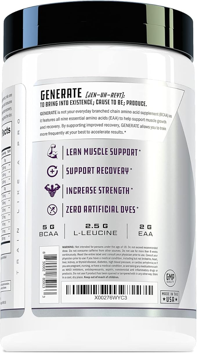 Generate EAA and BCAA Powder: Best Post Workout Recovery Drink and Branched Chain Amino Acids Supplement with Essential Amino Acids 5g BCAAs 2g EAAs | BlackBerry Lemonade 30 Servings