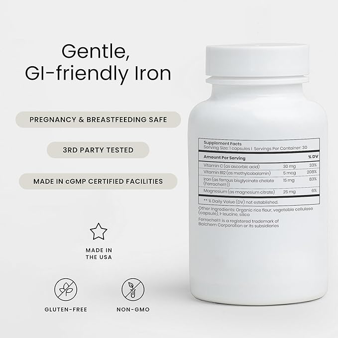 Perelel Daily Iron Ease 15MG Iron Supplements with Magnesium Vitamin C &amp Vitamin B12 for Nutrient &amp Energy Support Capsules for Women and Men Soy Dairy &amp Gluten Free Non GMO 30 Pil