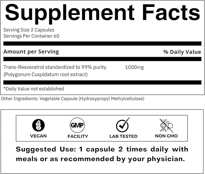 FOLIUS LABS Ultra High Purity Resveratrol Capsules - 99% Trans-Resveratrol - Japanese Knotweed Extract - Support Immunity Support Healthy Aging - 120 Caps Reservatrol Supplement