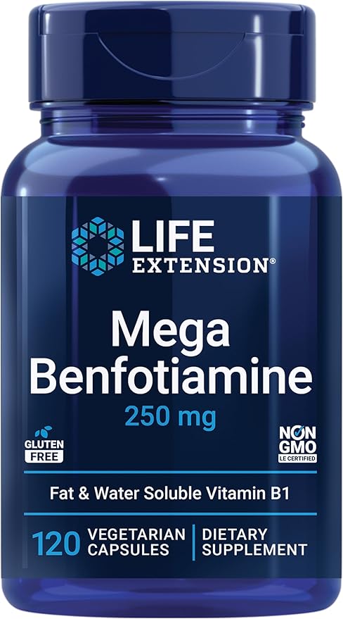 Life Extension Mega Benfotiamine 250 mg a fat-soluble form of thiamine healthy metabolism ultra-bioavailable vitamin B1 high potency gluten-free non-GMO vegetarian 120 capsules