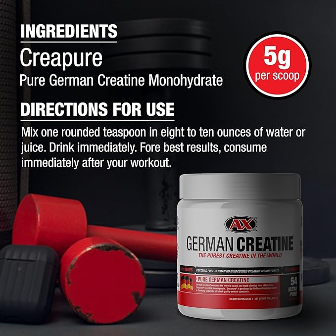 German Creatine - Micronized Creatine Monohydrate Powder 99.99% Pure Creapure for Muscle Growth Strength &amp Performance Supports Muscle Recovery 3rd Party Tested Unflavored - 270g (54 Servings