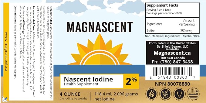 Nascent Iodine Organic Daily Health Supplement High Potency 2% Concentrated Liquid Iodine Drops Supports Energy &amp Metabolism (4oz/118.4ml)