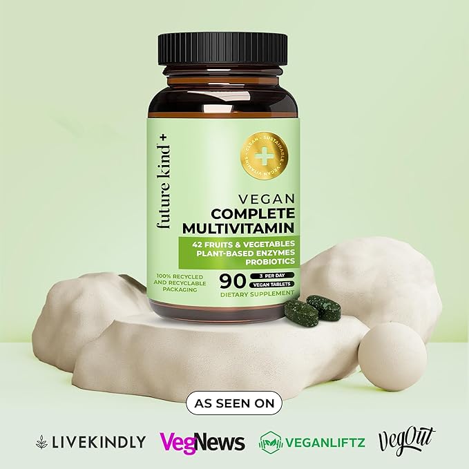 Future Kind Vegan Multivitamins Complete - 42-in-1 Vegan Multivitamins for Women &amp Men with Enzymes B12 Zinc &amp Probiotics for Digestion (90 tabs in Recycled Bottle)
