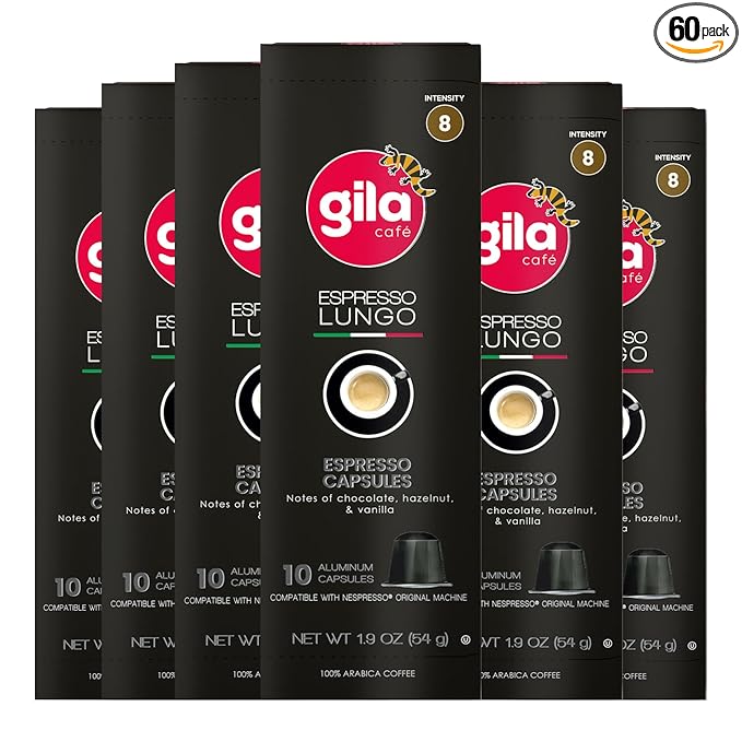 GILA Café Espresso Lungo Aluminum Coffee Capsules – Medium Roast Coffee Pods Compatible with Nespresso Original Machines – 100% Mexican Arabica with Hazelnut &amp Vanilla Notes 60 Count