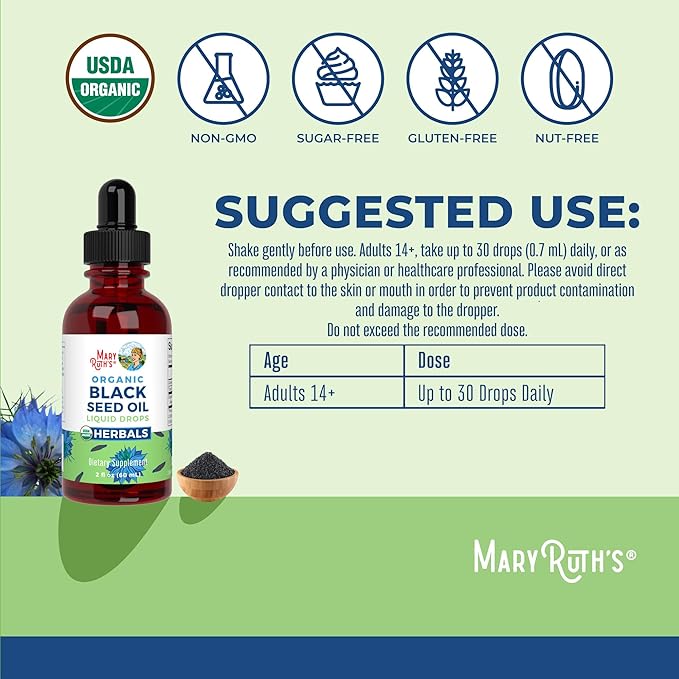 MARYRUTH'S Organics Black Seed Oil Liquid Drops Cold Pressed | 3 Month Supply | USDA Organic Black Cumin Seed Oil | Immune Support | Respiratory Health | Sugar&ampGluten Free | Vegan | Non-GMO | 2 Fl