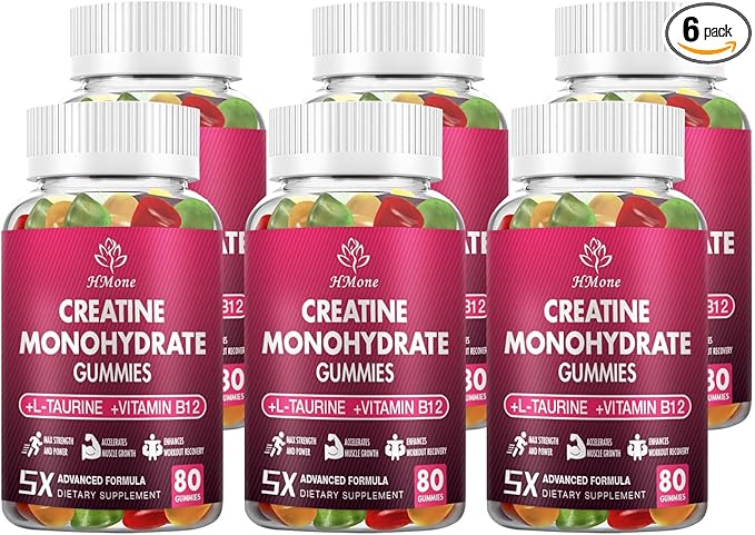 Creatine Monohydrate Gummies - 5g for Men &amp Women Creatine Chewable Supplements for Muscle Gain Muscle Strength Energy Boost and Muscle Builder Sugar Free Vegan 6 Packs