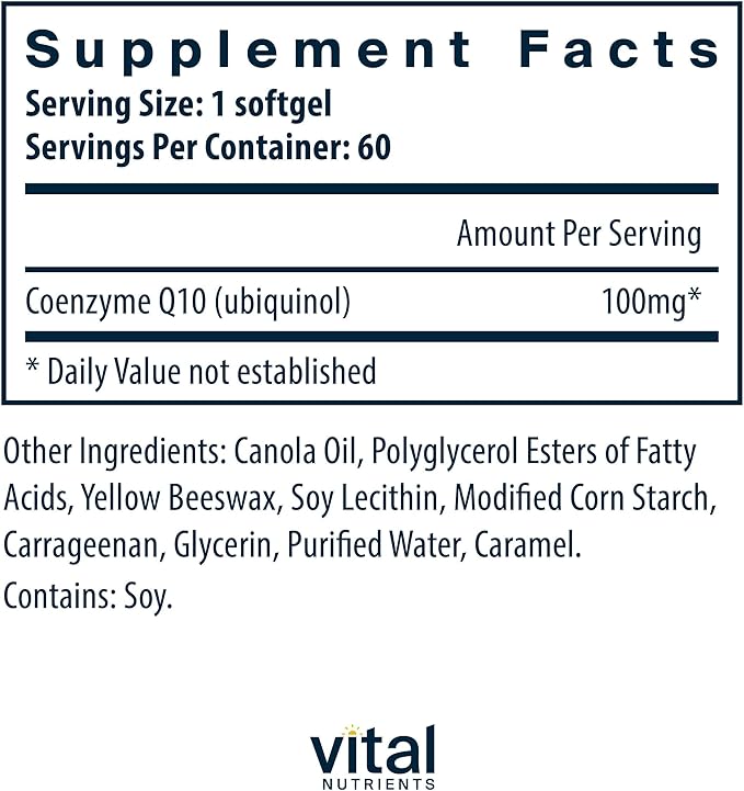 Vital Nutrients Ubiquinol CoQ10 100mg - Activated Form of Coenzyme Q10 - Potent Antioxidant to Support Cardiovascular and Brain Health* - Gluten and Dairy Free - 60 Vegetarian Softgels