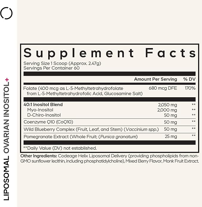 Codeage Liposomal Ovarian Inositol Powder - Myo-Inositol &amp D-Chiro-Inositol 40:1 Blend Folate 5-MTHF CoQ10 Pomegranate &amp Wild Blueberry - 2-Month Supply - Mixed Berry Flavor - Non-GMO 60 S