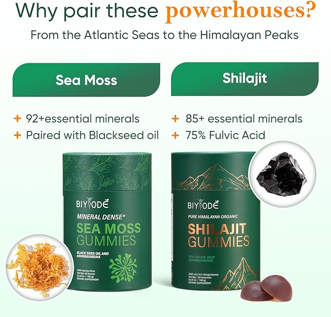 Bundle of Himalayan shilajit &amp sea Moss Gummies – 3000 mg shilajit sea Moss 1600mg ksm 66 ashwagandha no Added Sugar lab Tested 75%+ fulvic Acid 92+ Minerals All One Supplement(1 Package).