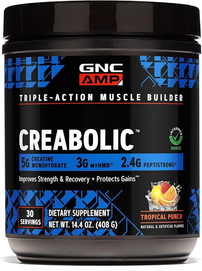 GNC AMP Creabolic - Creatine Monohydrate Powder - High-Potency 5g Creatine with HMB &amp PeptiStrong - Triple Action Muscle Formula - No Added Sugars - Tropical Punch - 30 Servings
