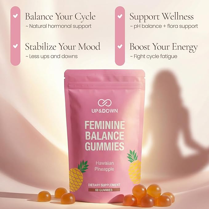 Up&ampDown Supplements Premium Feminine Balance Gummies for Women | PMS Relief Mood &amp Cycle Support | Pineapple + Vitamin C | Ashwagandha &amp Chasteberry | Vegan Non-GMO Gluten Free | 60 Gum