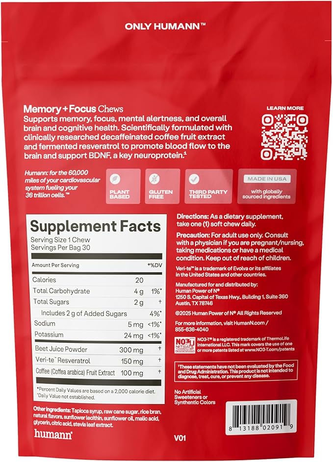 Humann Memory and Focus Chews Brain Supplement for Mental Alertness with Beet Root Powder Clinically Studied Nootropics Resveratrol Plus Beet Root Powder Blueberry Pomegranate Flavor 30 Count