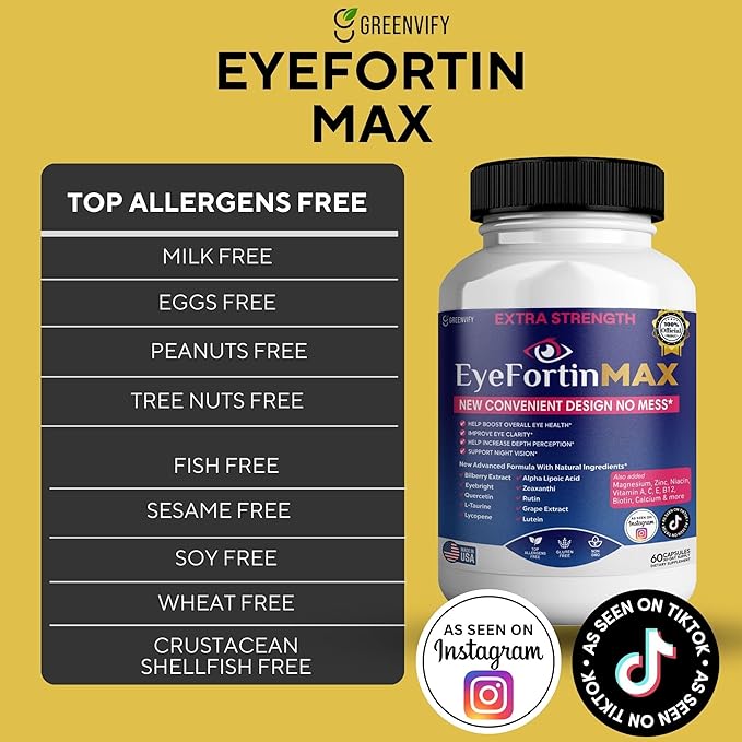 EyeFortin MAX Eye Health Supplement 60 Capsules Extra Strength with Lutein Vitamins A C E B12 Bilberry Extract 30 Day Supply (2)