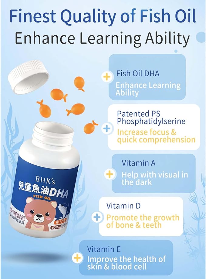 BHK's Children’s DHA Fish Oil: Chewable Omega-3 for Brain Eye &amp Immune Support - Delicious Orange Flavor Non-GMO &amp Heavy Metal Tested - 60 Softgels