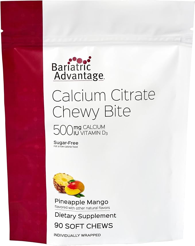 Bariatric Advantage Calcium Citrate Chewy Bites 500 mg - Highly Absorbable &amp Digestible - Vitamin D3 - Easily Chewable Calcium Supplement - Pineapple Mango - 90 Count