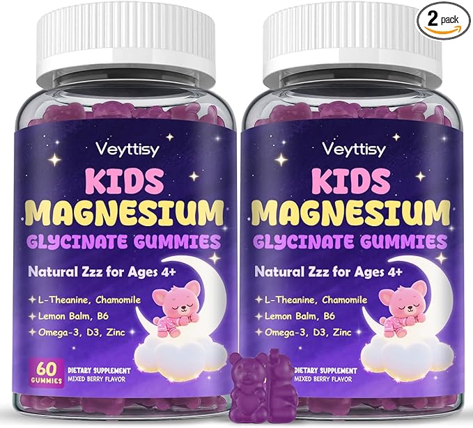 Magnesium Glycinate Gummies for Kids 4+: Sugar Free Magnesium Bisglycinate Gummy with Chamomile L-Theanine Lemon Balm B6 Omega 3 Zinc - Gluten Free Non-GMO Vegan Mixed Berry Flavor