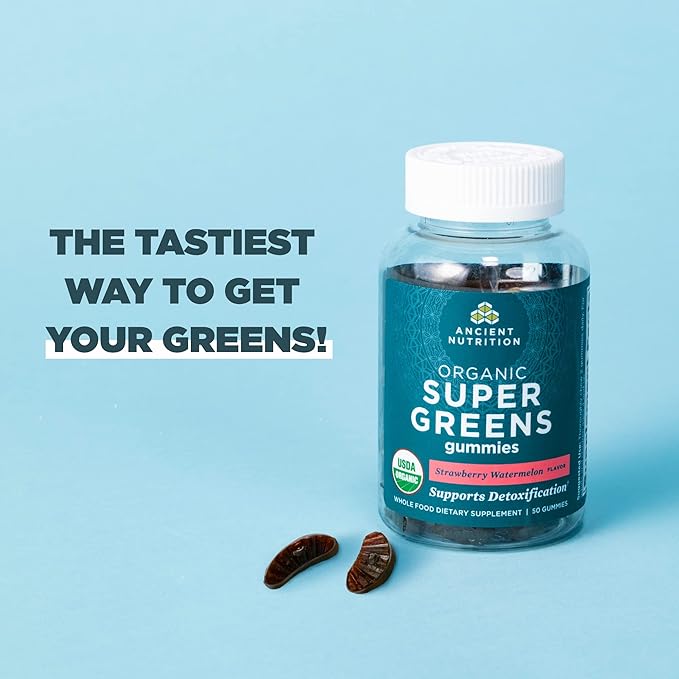Ancient Nutrition Supergreens Gummy Organic Superfood Gummy Made from Real Fruits Vegetables and Herbs for Digestive and Energy Support 100 Count Strawberry Watermelon