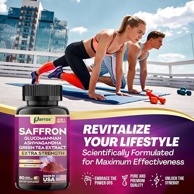 Saffron Supplement with Glucomannan Ashwagandha Green Tea Extract Zeaxanthin &amp Lutein Vision Support &amp Daily Wellness Formula Extra Strength Plant-Based Capsules 2 Month Supply (60 Caps)