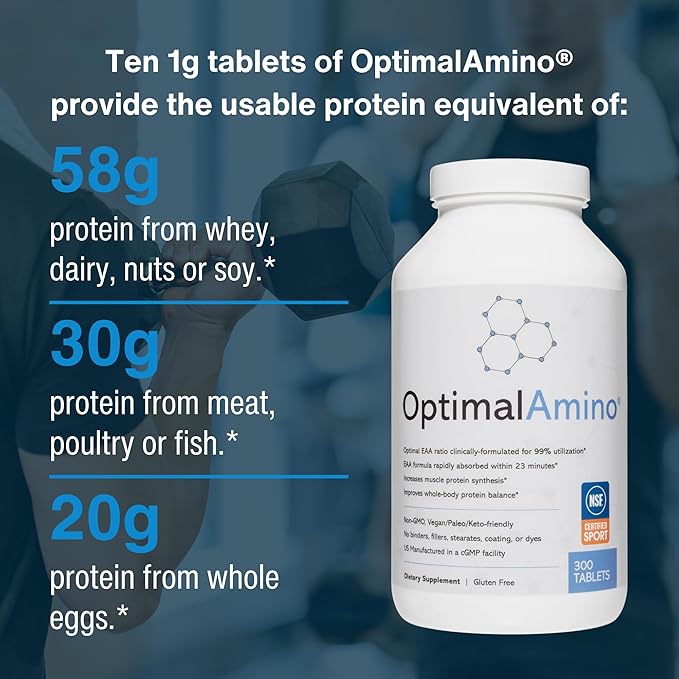 OptimalAmino Tablets Fitness Bundle (600 Count) | 99% Utilized Essential Amino Acids (EAA) Supplement | Increase Muscle Recovery BCAA Protein Pre/Post Workout NSF Certified for Sport® Certified